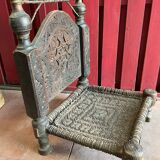 Pakistan Old Swat Valley Carved walnut wood low chair woven leather seat