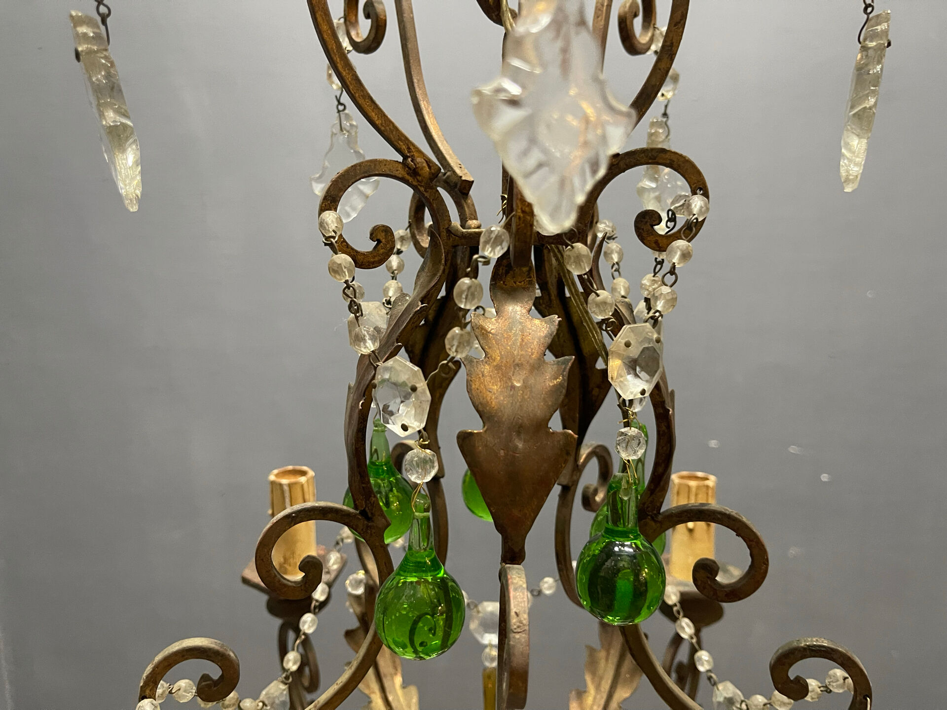 Italian 5-Light Tole Chandelier with Green & Amber Murano Glass Drops,