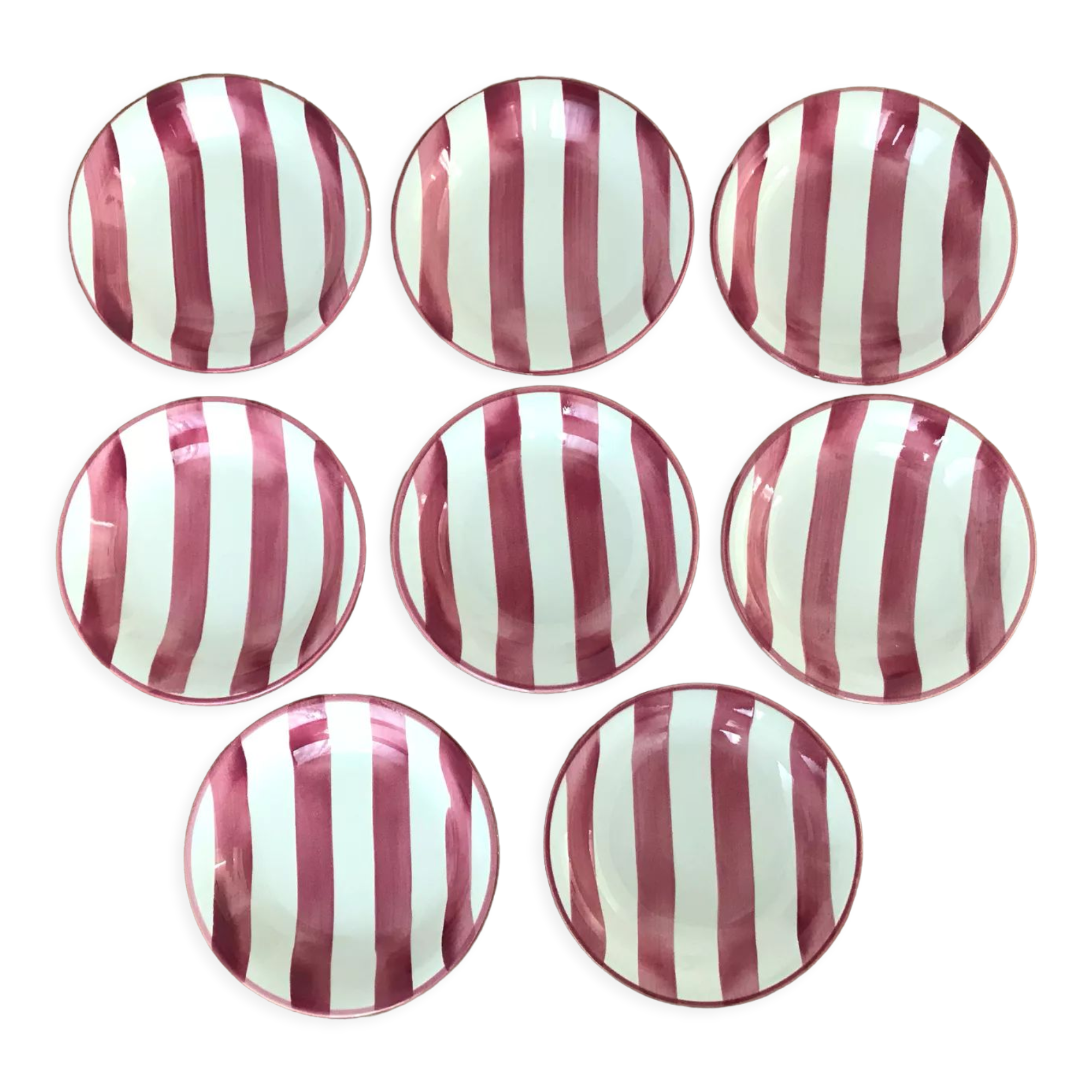 8 pink striped plates