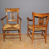 Pair of straw armchairs in cherry wood Directoire early XIX