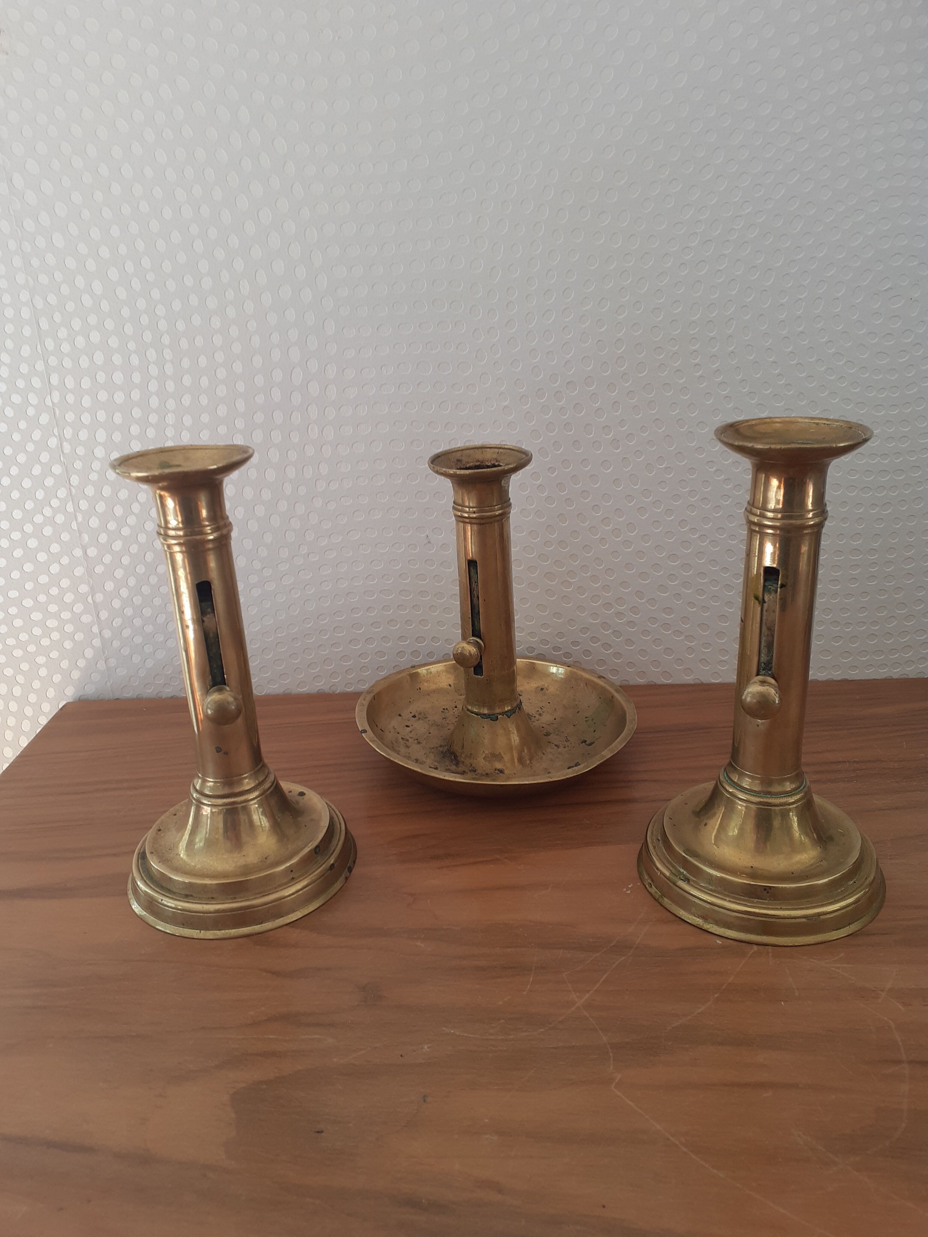 Set of 3 old candle holders with pushers