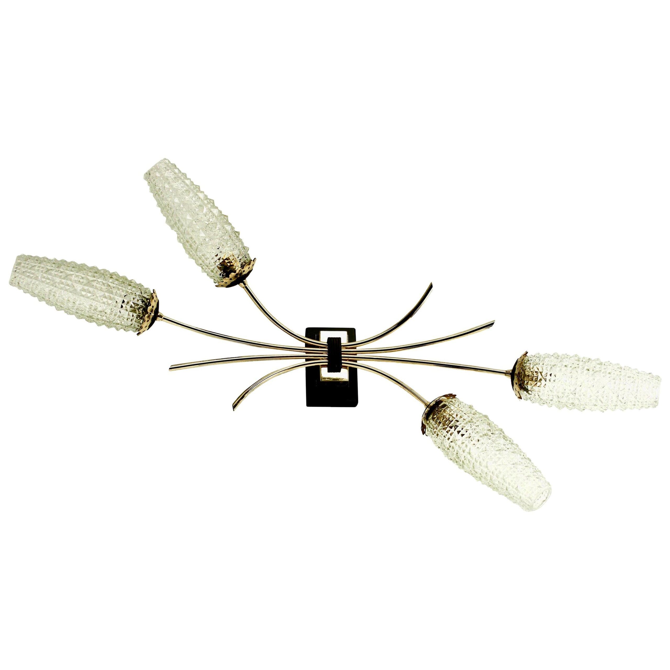 Wall lamp with brass rods and glass lampshade, 1960s