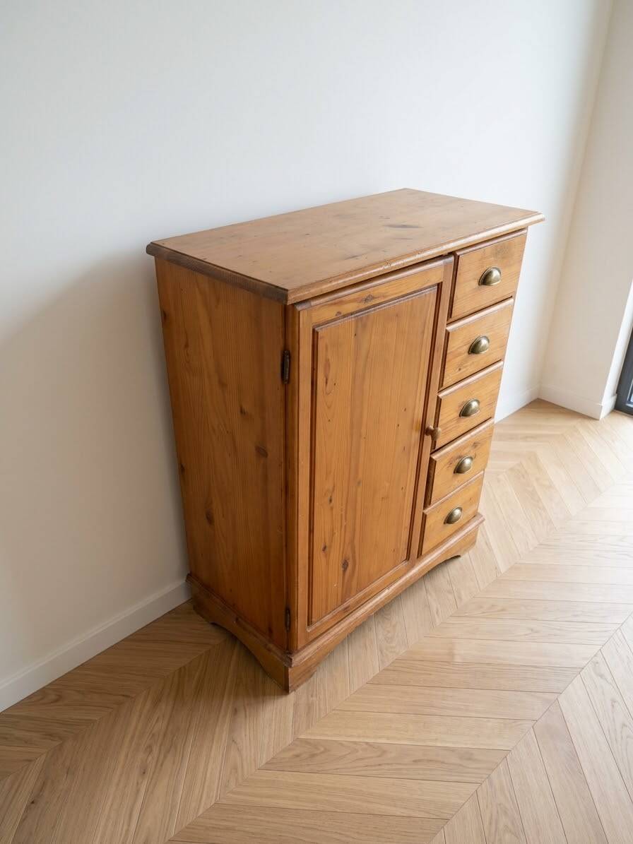 Vintage wooden storage cabinet with drawers