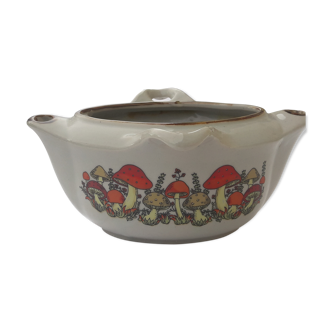 Lean fat sandstone saucer enamelled mushrooms L 18 cm