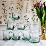 Set of 6 handle glasses and 1 puffed glass jug