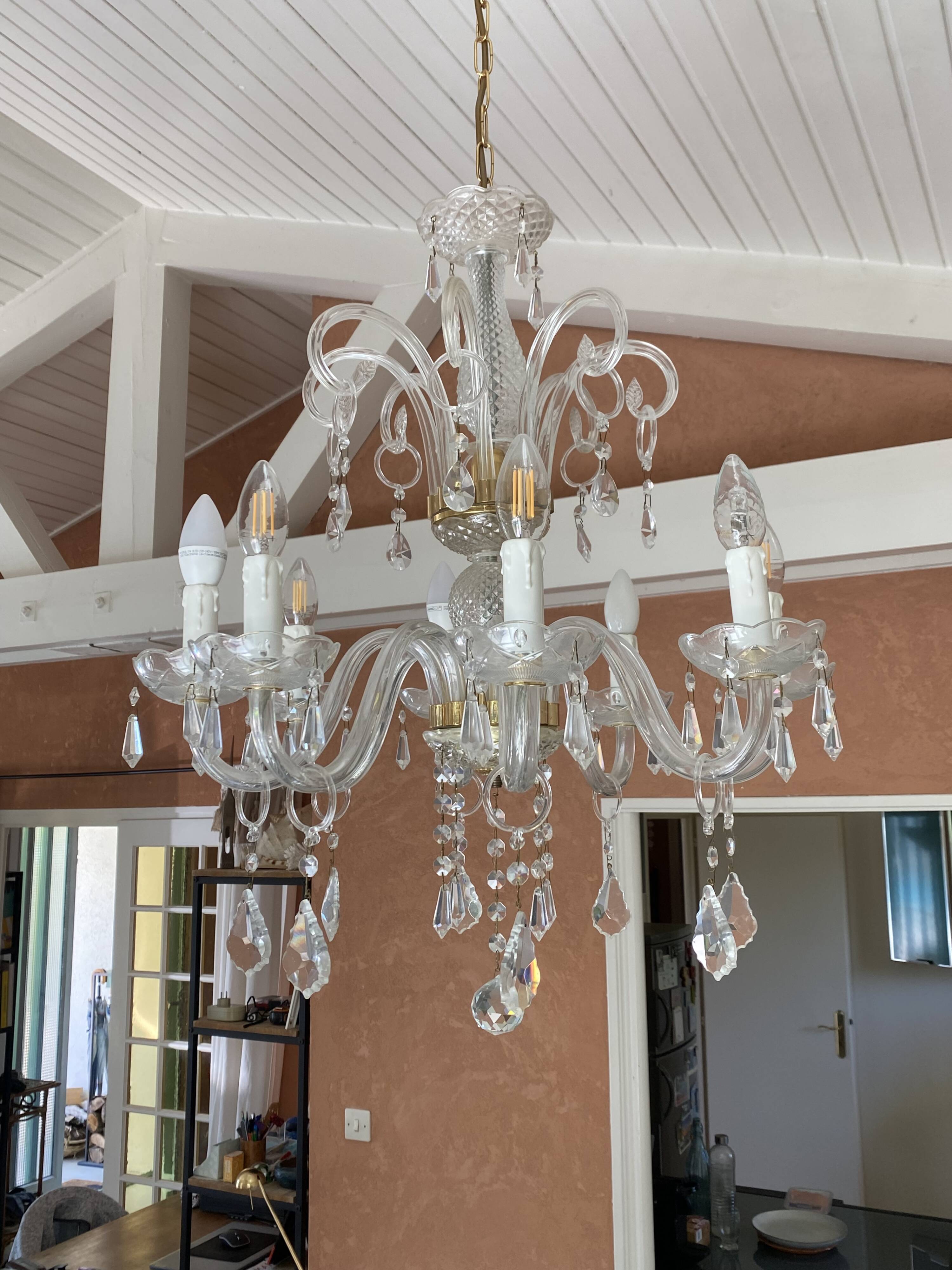 Lustre Murano verre soufflé 8 bras pendeloques cristal