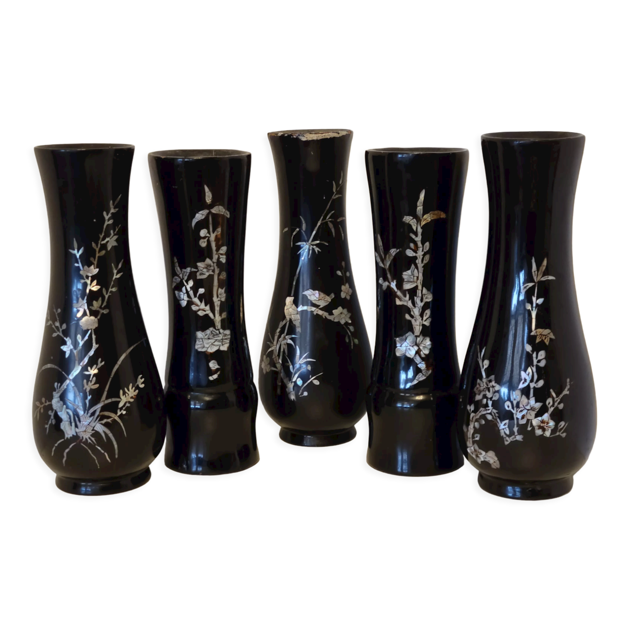 5 Vietnam vases black lacquered wood and mother-of-pearl inlays