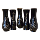 5 Vietnam vases black lacquered wood and mother-of-pearl inlays