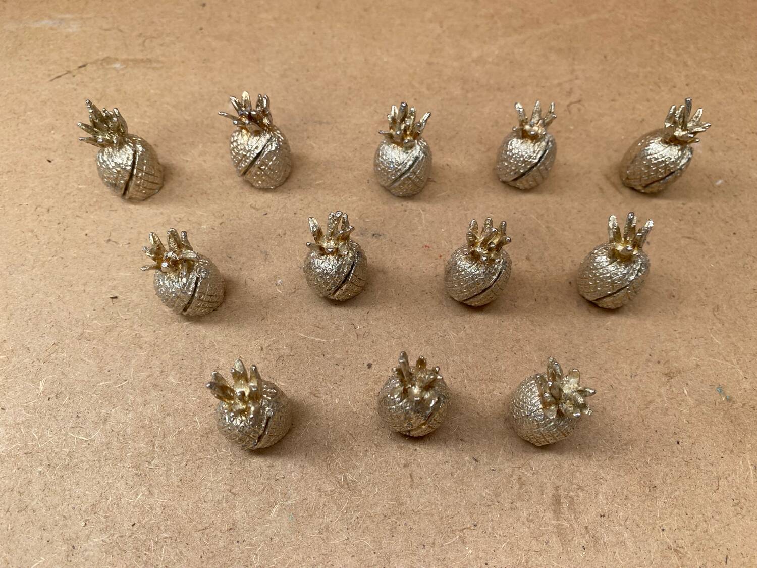 Set of 12 vintage gold metal pineapple shaped table place markers