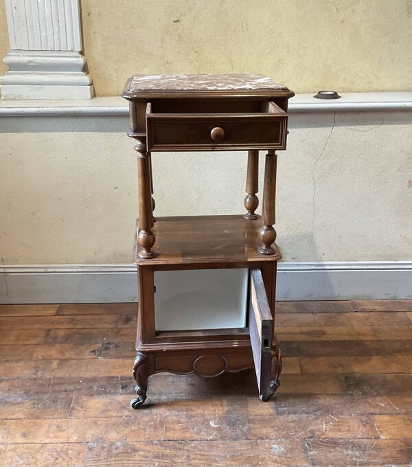 Chevet ancien table de nuit pot de chambre en noyer dessus marbre rose époque XIX ème