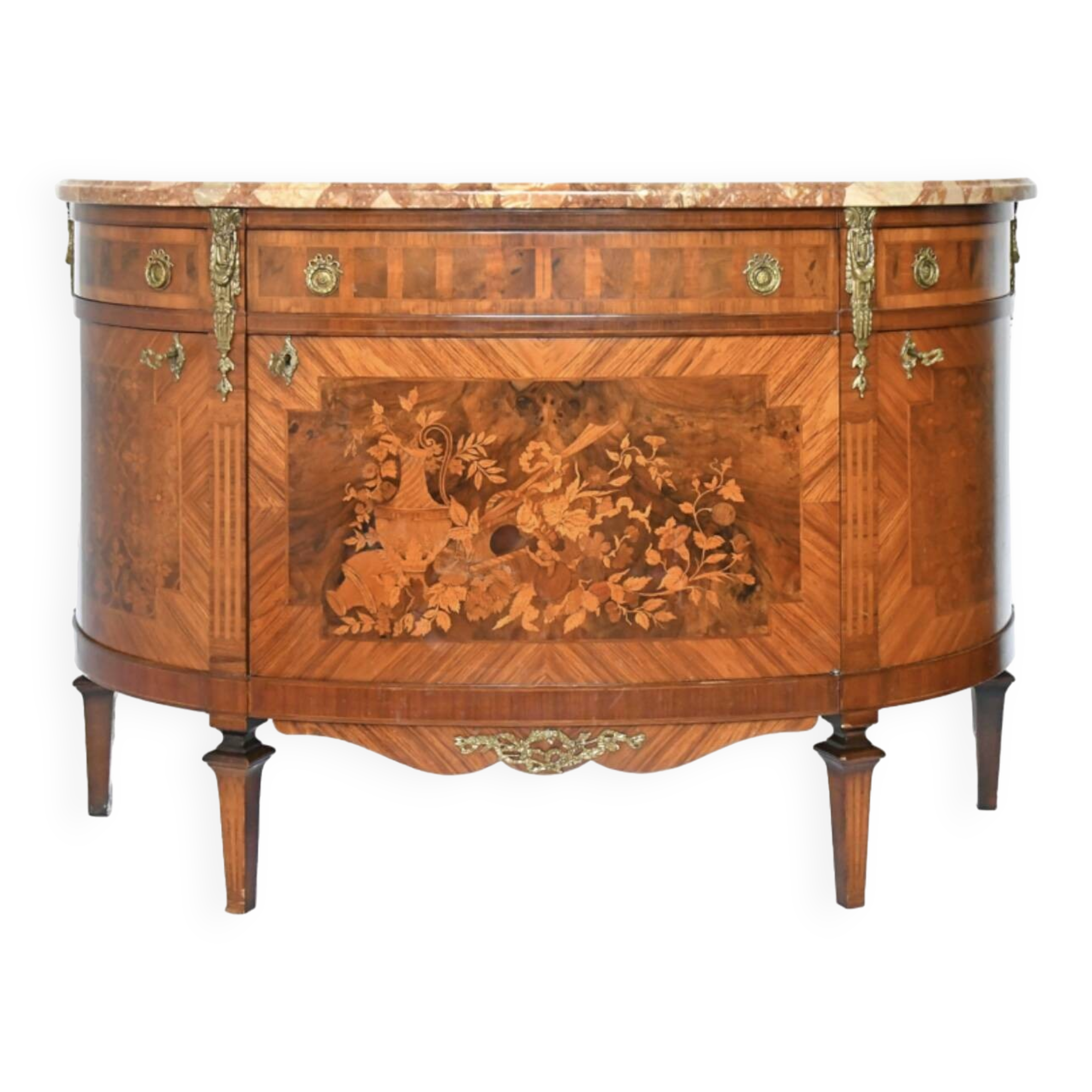 Louis XVI style half-moon marble marquetry sideboard