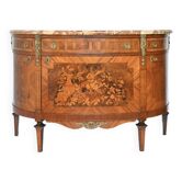 Louis XVI style half-moon marble marquetry sideboard