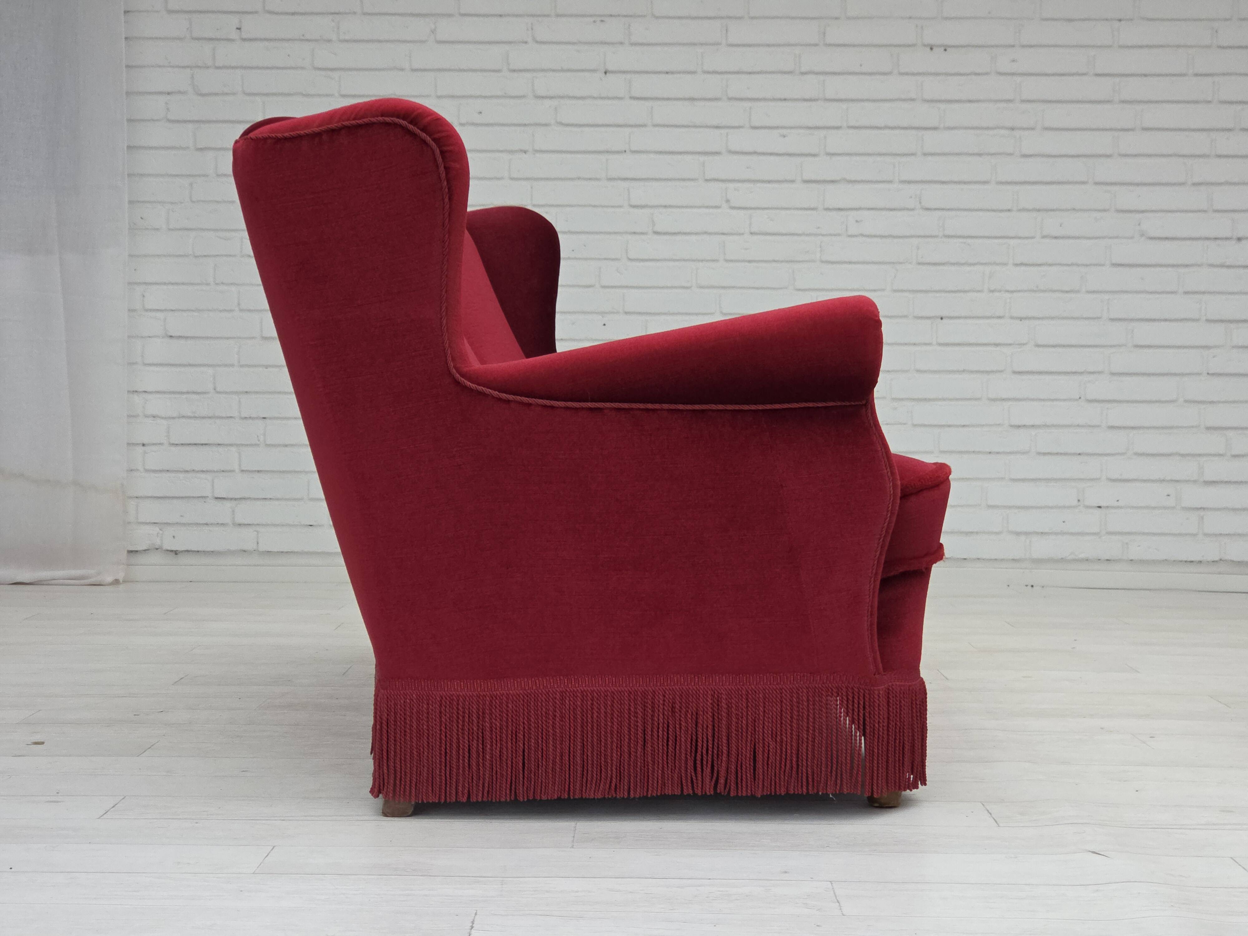 1960s, Danish 3-seater curved sofa, red furniture velour