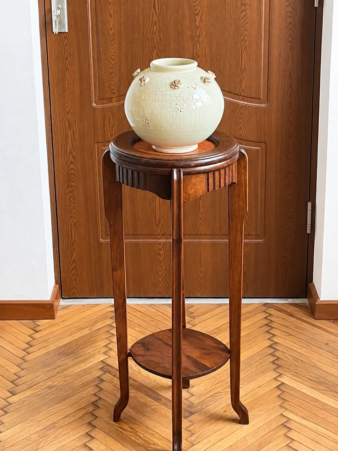 Art Deco wood stand French planter with stone plaque
