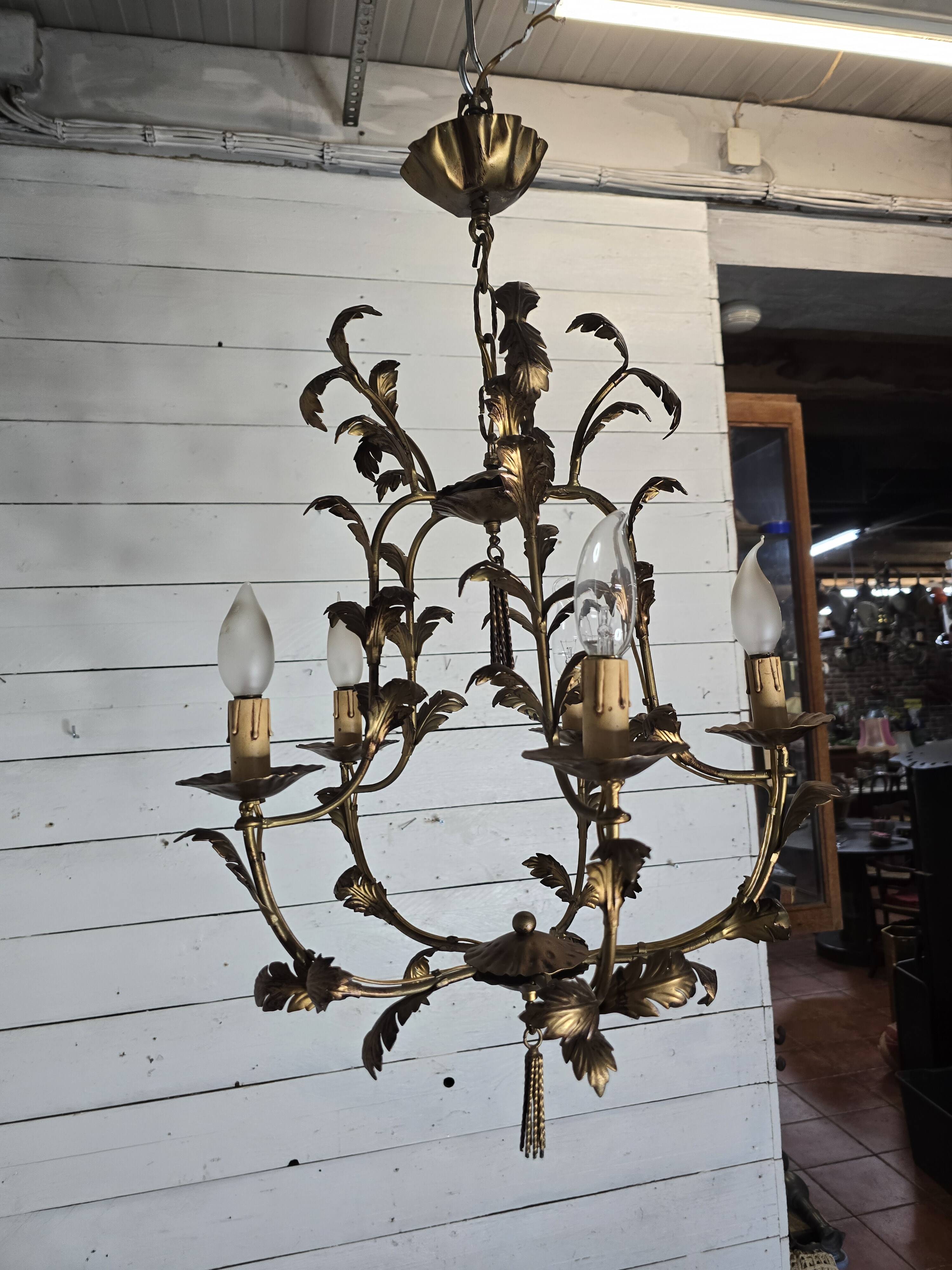 Vintage 5-light foliage chandelier in gold metal