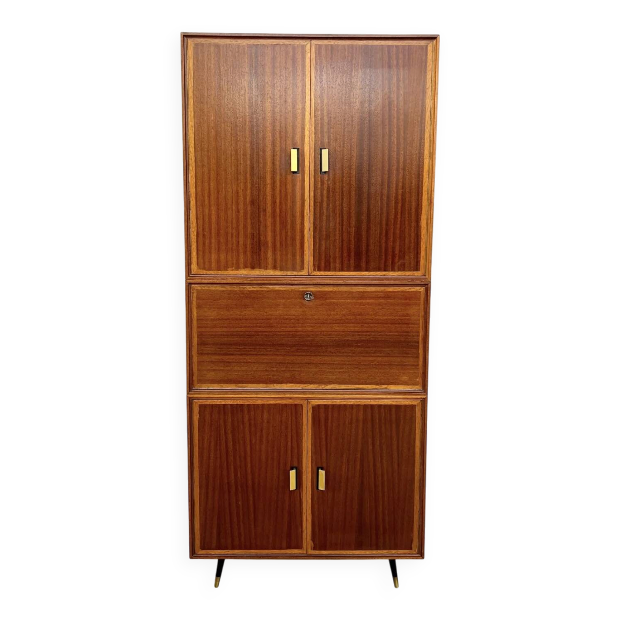 High mahogany cabinet with drop-down front — bar or secretary, custom-made, 1960s
