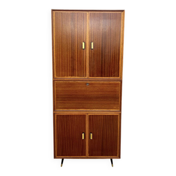 High mahogany cabinet with drop-down front — bar or secretary, custom-made, 1960s