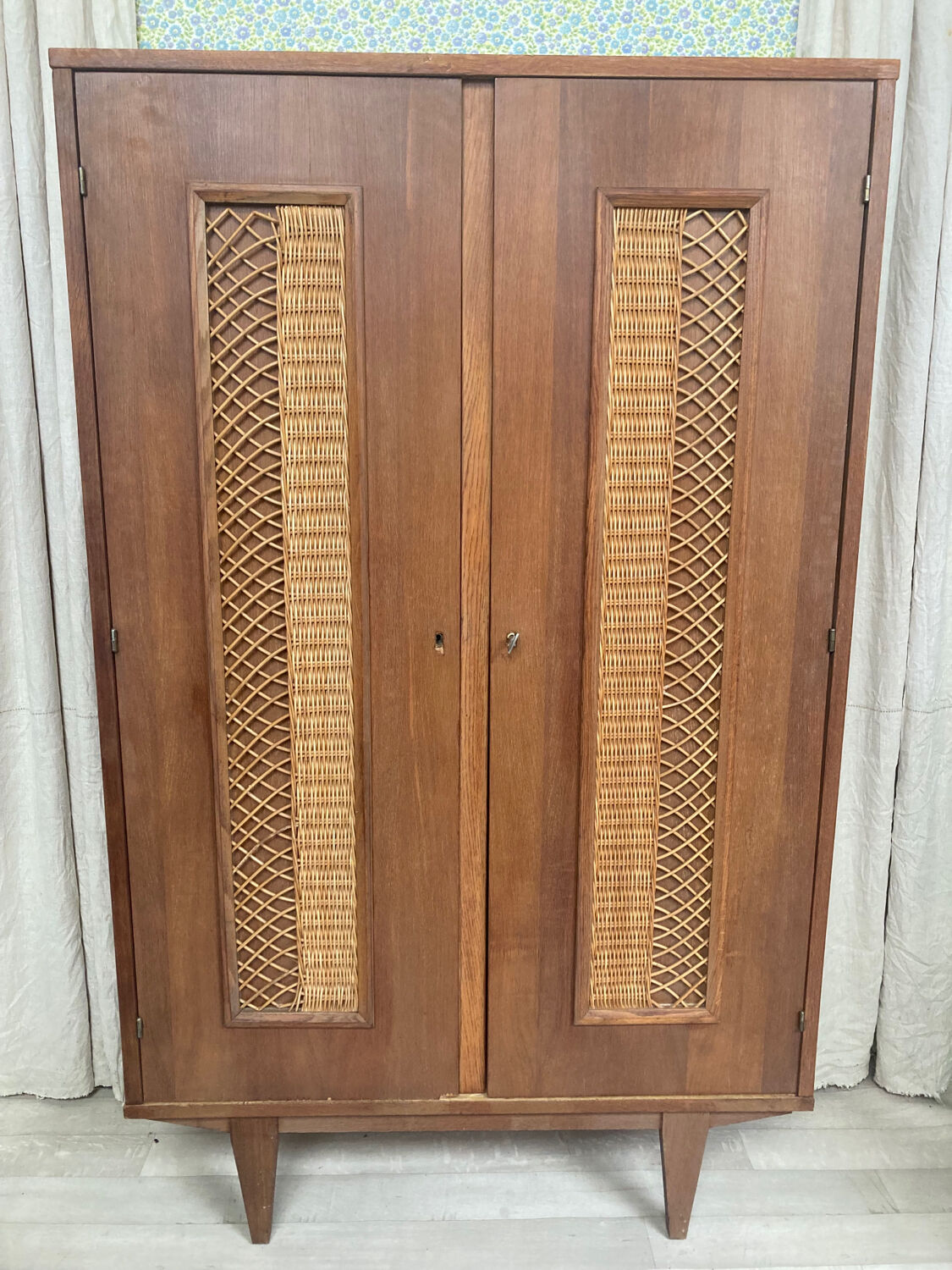 Vintage wood and rattan cabinet