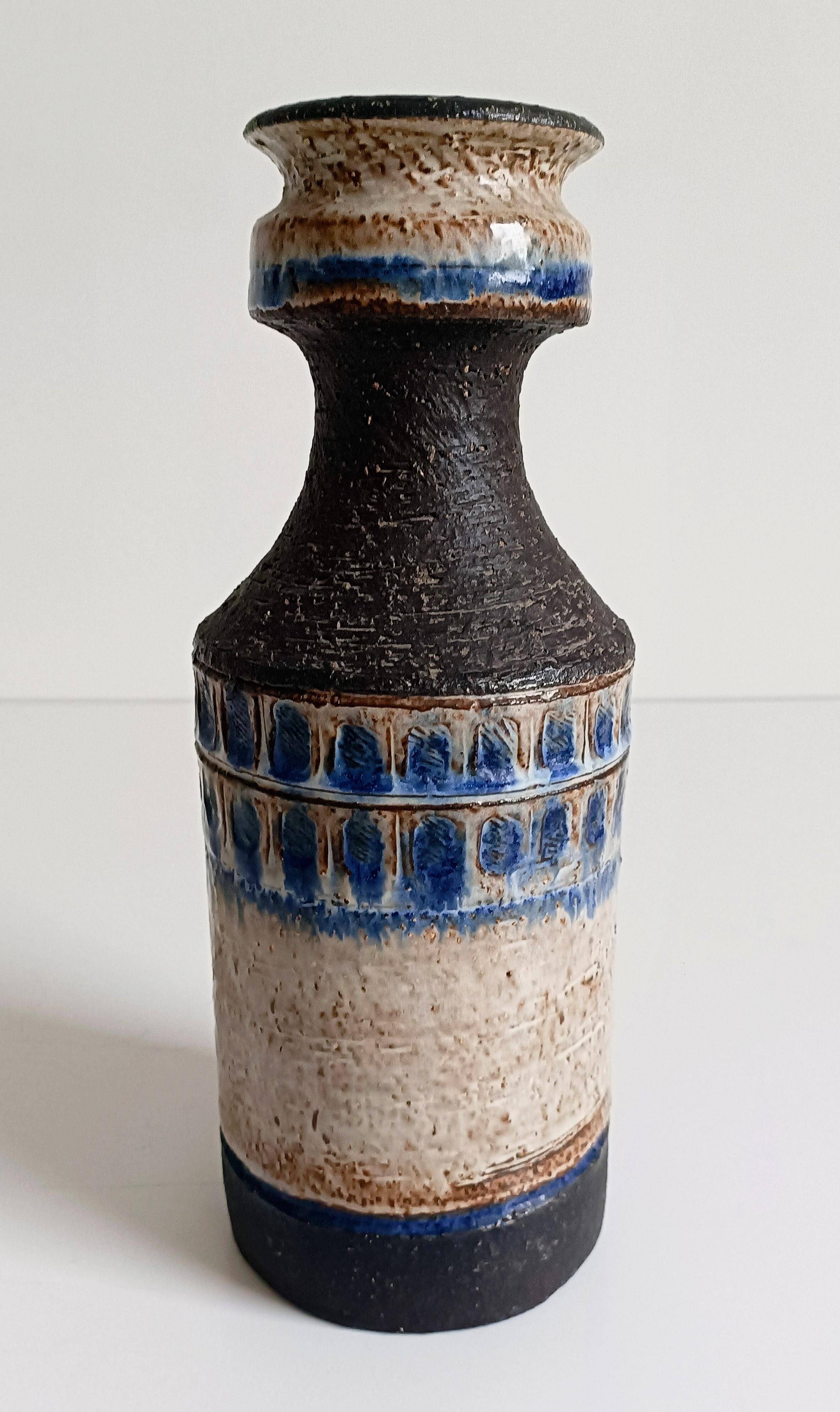 Scandinavian Modern Chamotte Vase, Dark Brown & Cream Glaze, Denmark