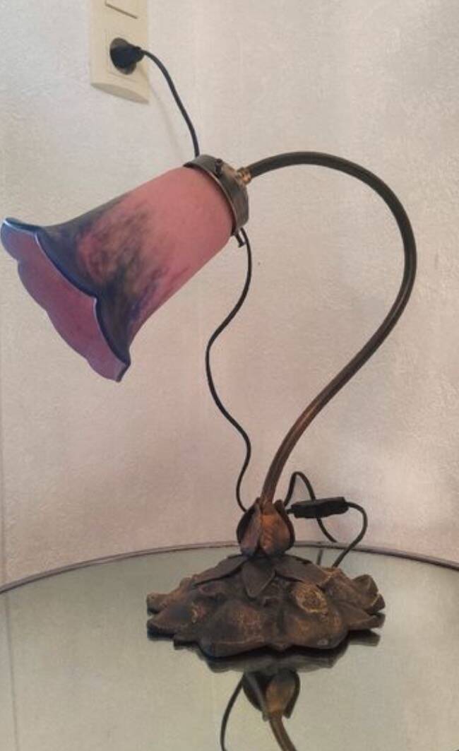 1940s Art Deco bronze and tulip lamp signed French glass