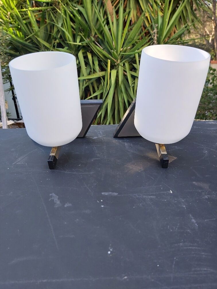 Pair of vintage metal and opaline wall light