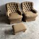 Pair of upholstered lounge chairs with ottoman, 1970s