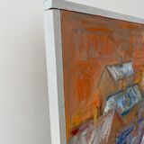 Mid century modernist framed oil painting - houses at sunset