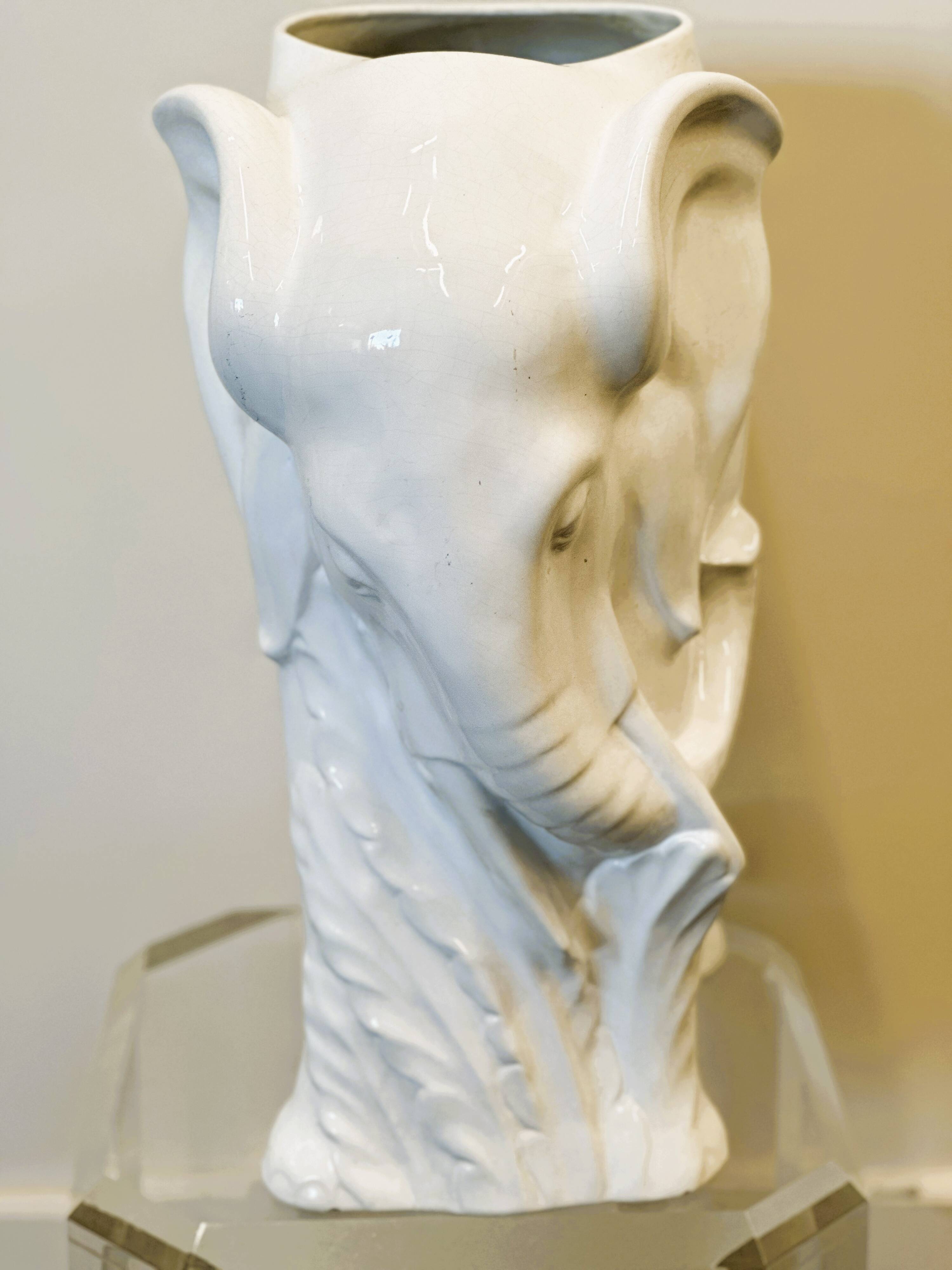 Vintage White Ceramic Elephant Umbrella Stand - Planter, France 1970s.