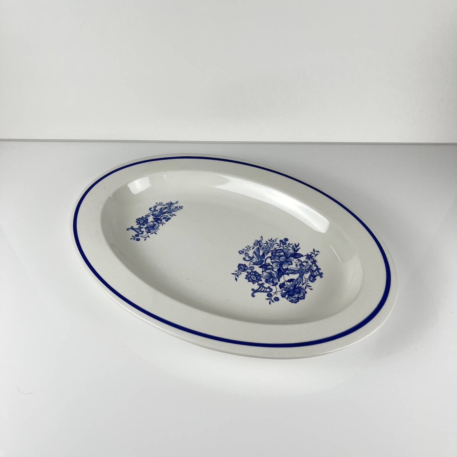 Large white & blue oval dish, bird and flower motif