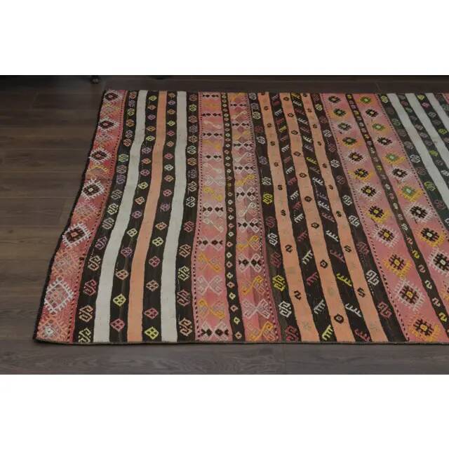 Striped Kilim Turkish Vintage Handmade Pink Orange Wool Area Rug 177x268