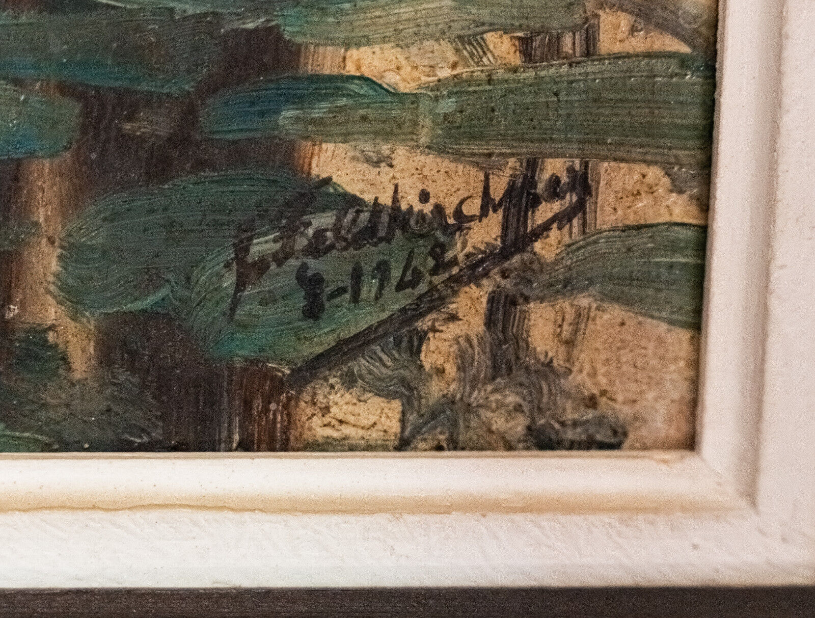 Oil on panel by Feldkricher 1942 undergrowth and river XXth