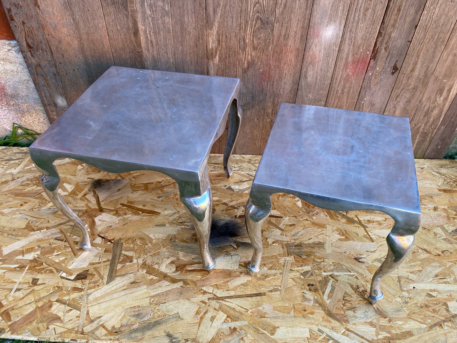 Pair of Louis XV Style Nesting Coffee Tables in Vintage Polished Aluminum