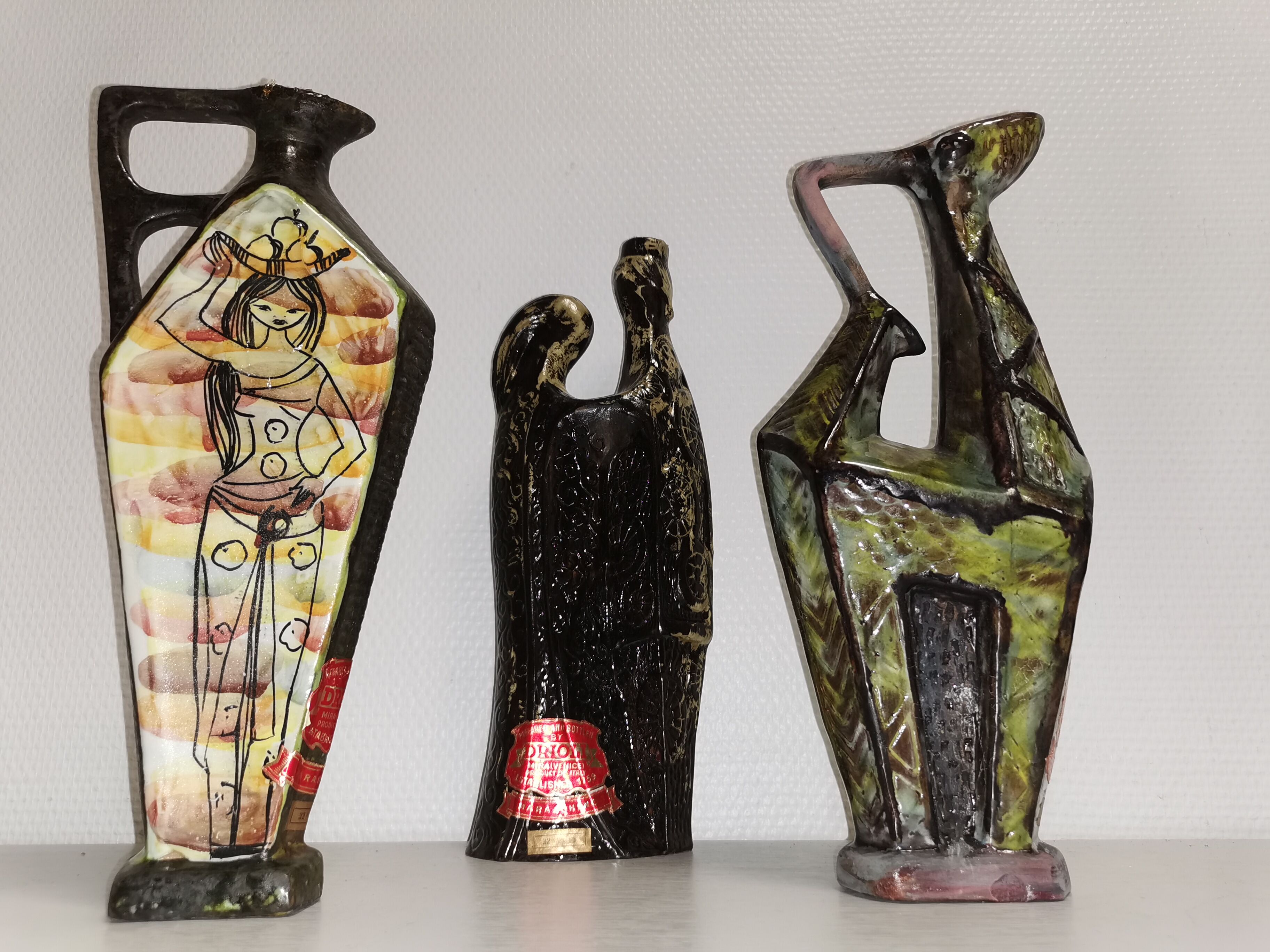 box of 3 vintage decanters , Ceramic bottles Italy DRIOLI MARASCHINO