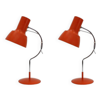 1960s Pair of Josef Hurka Orange Red Desk Lamps, Czechoslovakia