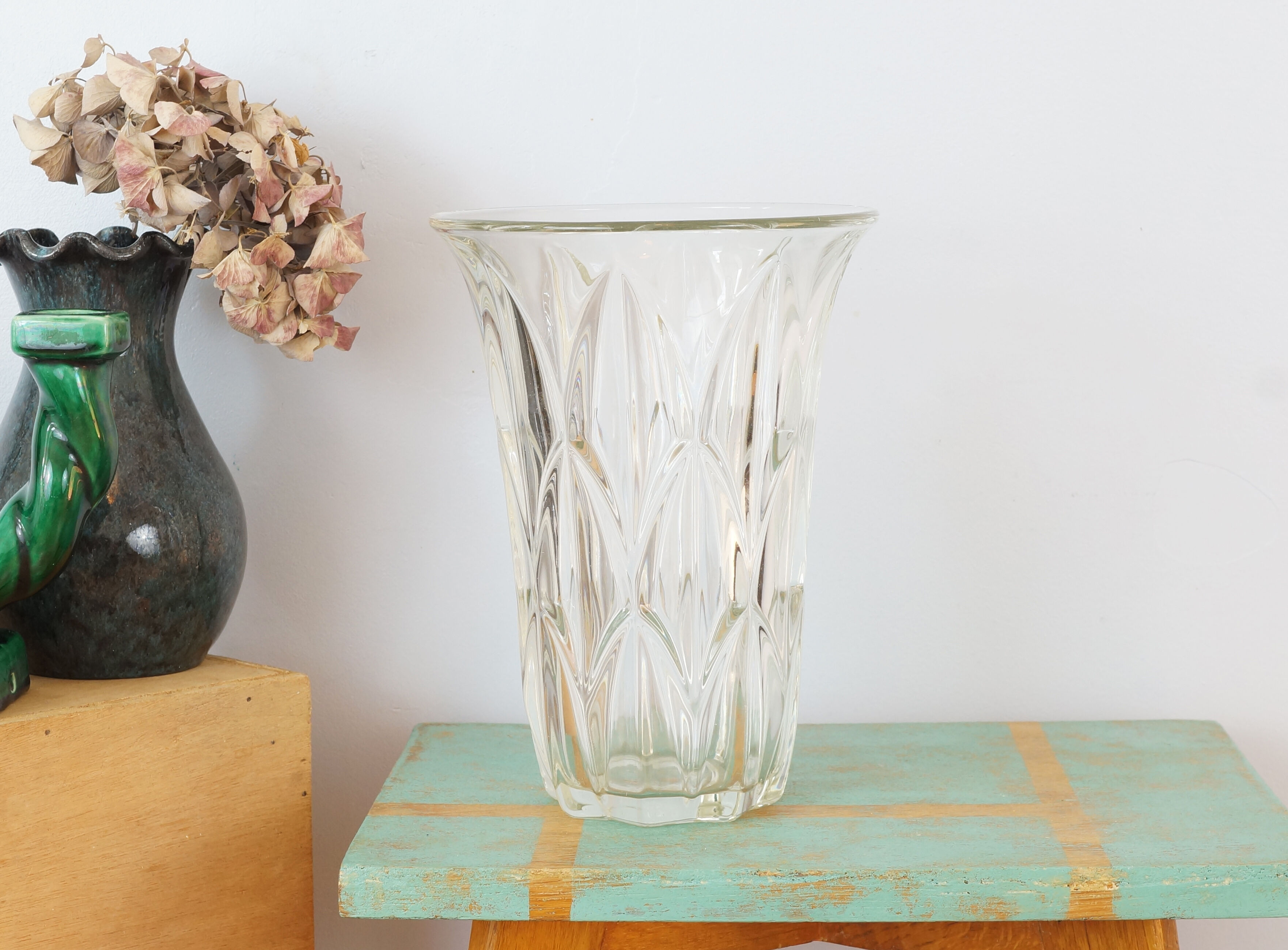Large art deco style molded glass vase, foliage pattern