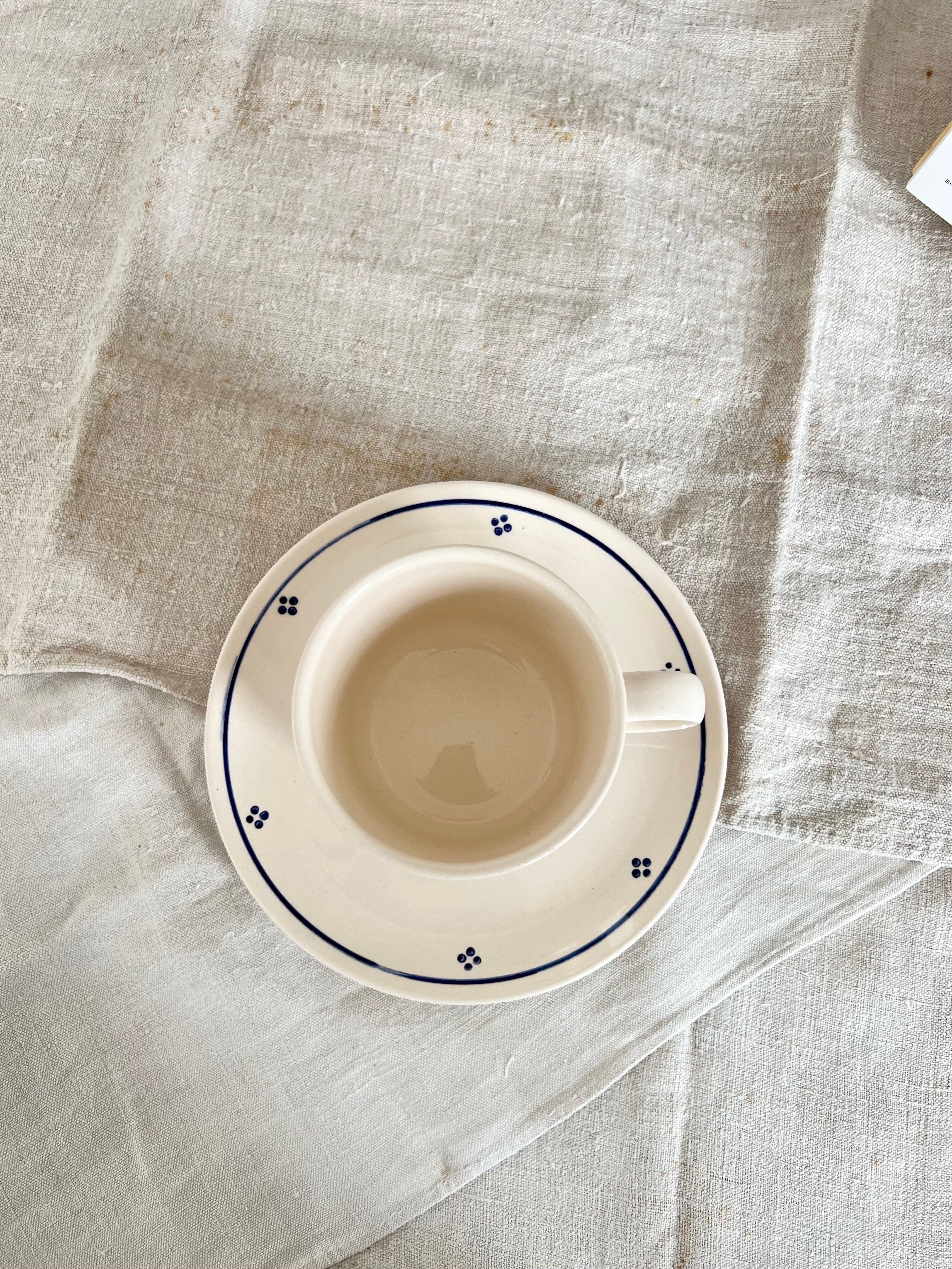 Grande tasse et sous tasse ancienne peinte à la main - Style romantique porcelaine beige et bleu