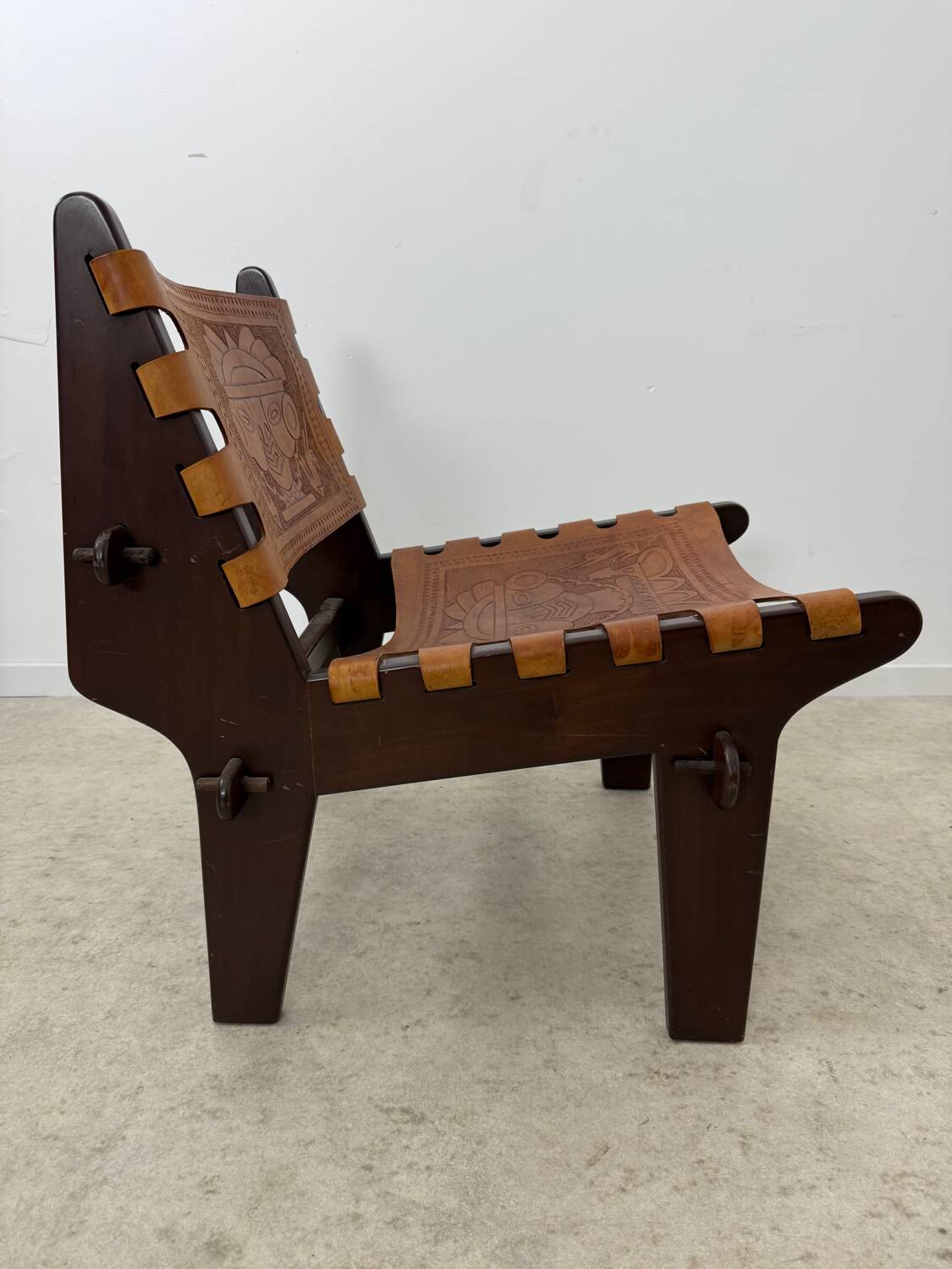 Vintage teak and leather armchair design Angel Pazmino brand Ecuador vintage 1960