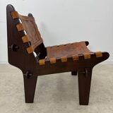 Vintage teak and leather armchair design Angel Pazmino brand Ecuador vintage 1960