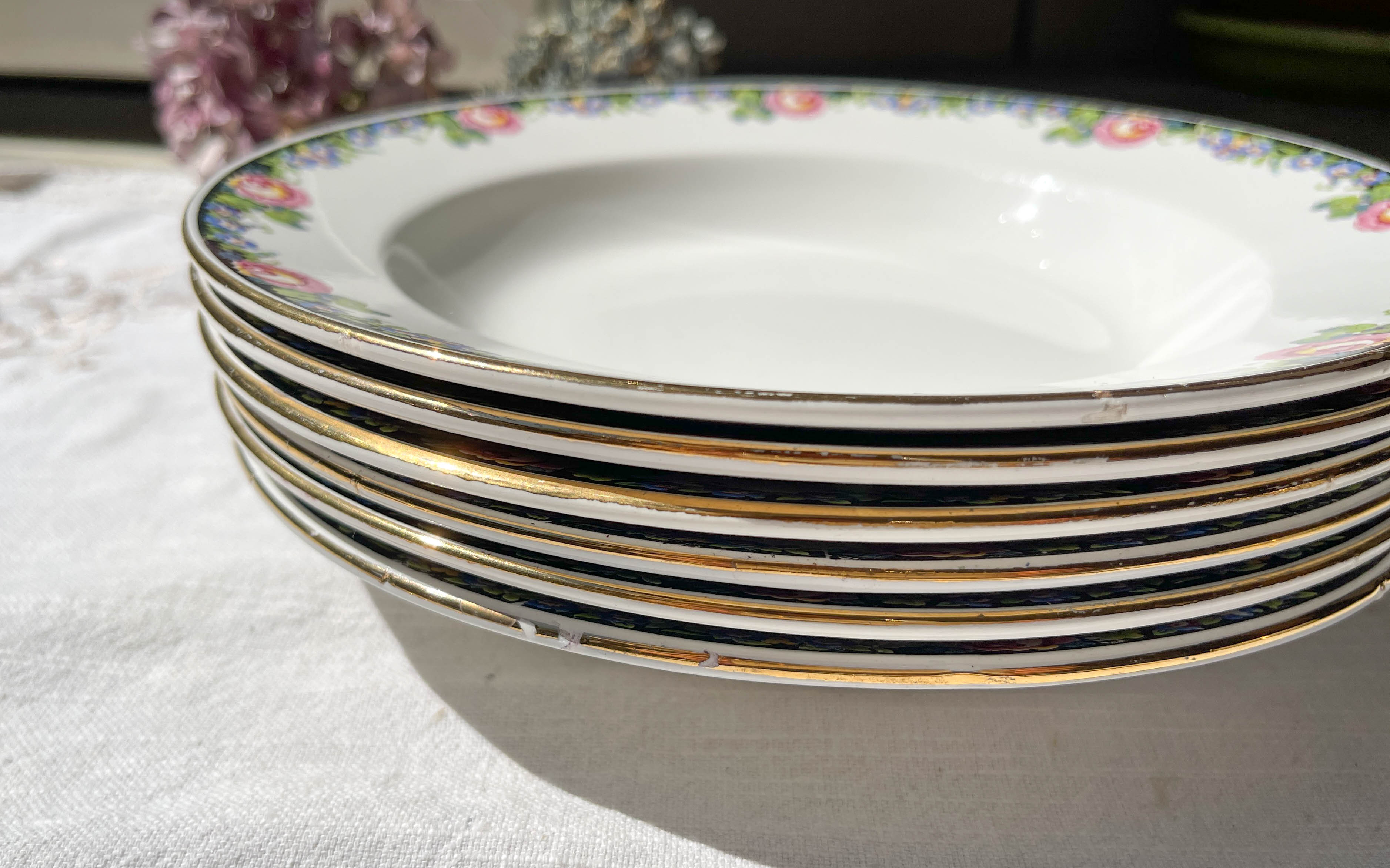 8 Digoin opaque porcelain soup plates with floral pattern "3984" ~