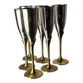 Brutalist champagne glasses in brass & silver plated, set of 6, Spain, 1970s