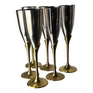 Verres à champagne brutalistes en laiton et argenté, ensemble de 6, Espagne, années 1970.