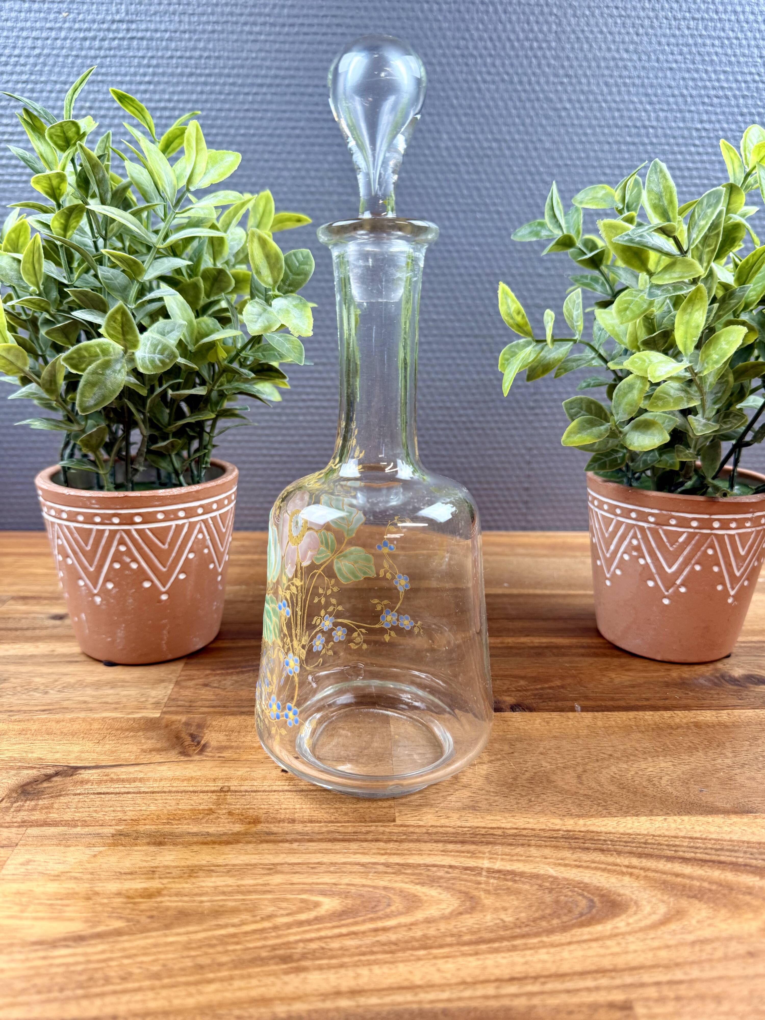 Glass carafe with enamel floral decoration and stopper – vintage