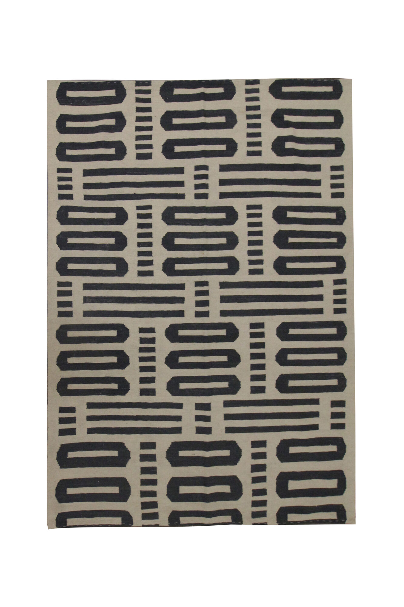 Bold Geometric Kilim Contemporary Grey Cream Wool Area Rug- 177x225cm