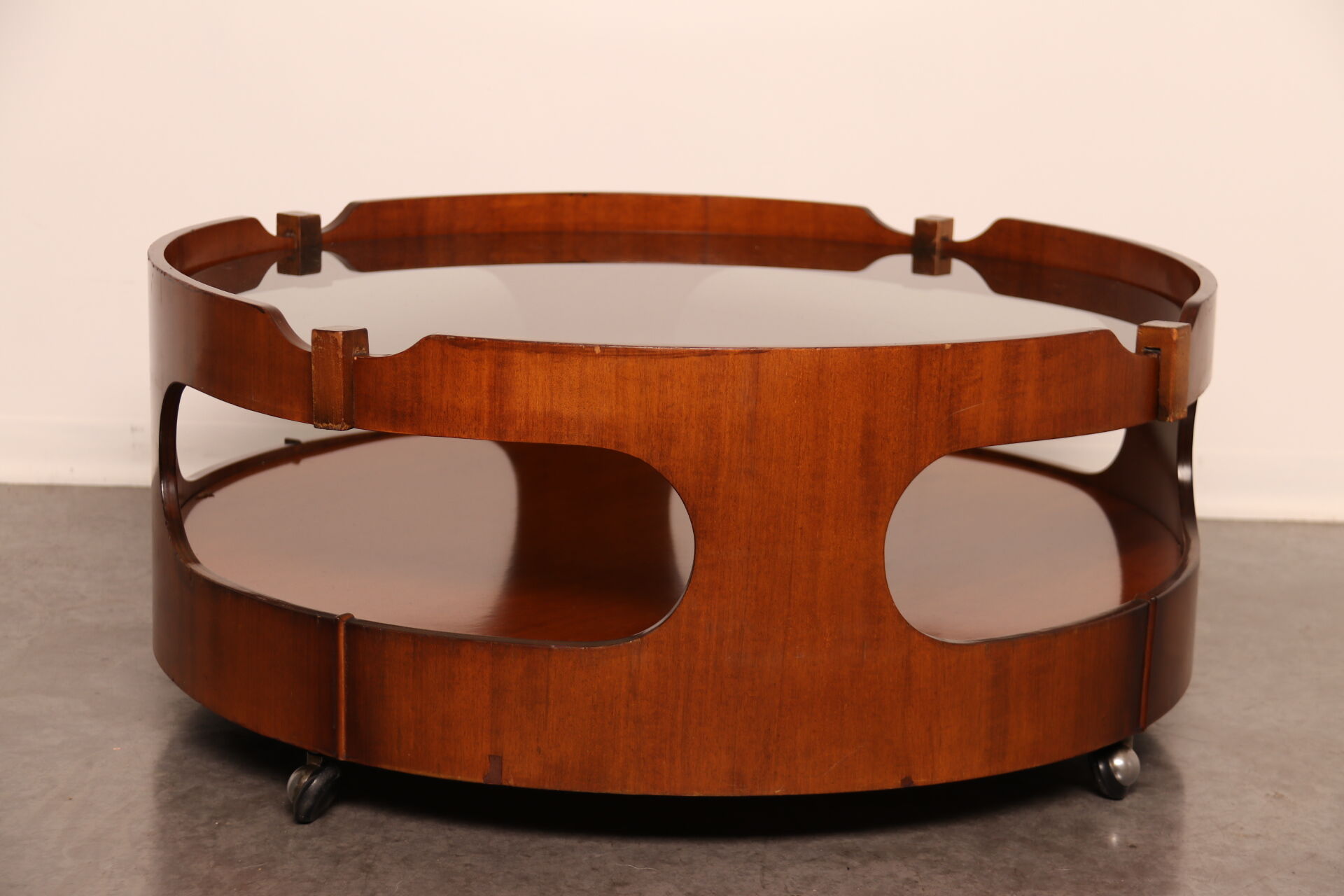 Round coffee table  Frame in plywood- top in smoked glass  Italy - 1960's