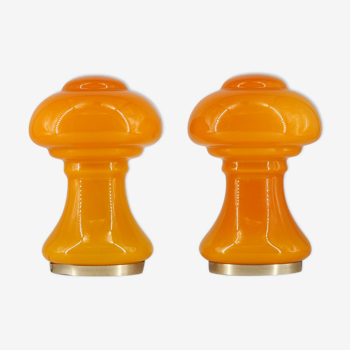 2 lampes de table champignon verre orange France 60s.