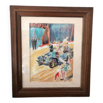 Aquarelle vintage Maurice Leblanc "Parade robba circus" années 30/40