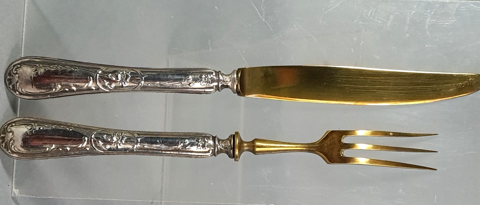 Dessert set of 6 knives and 6 forks in silver metal + case C729 S