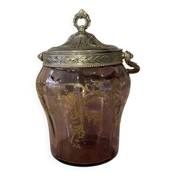 Purple glass biscuit barrel with painted gold arabesque decorations for cakes.