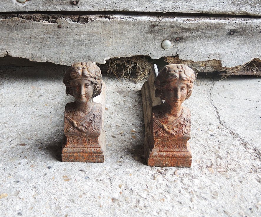 Old cast iron chenets antique woman