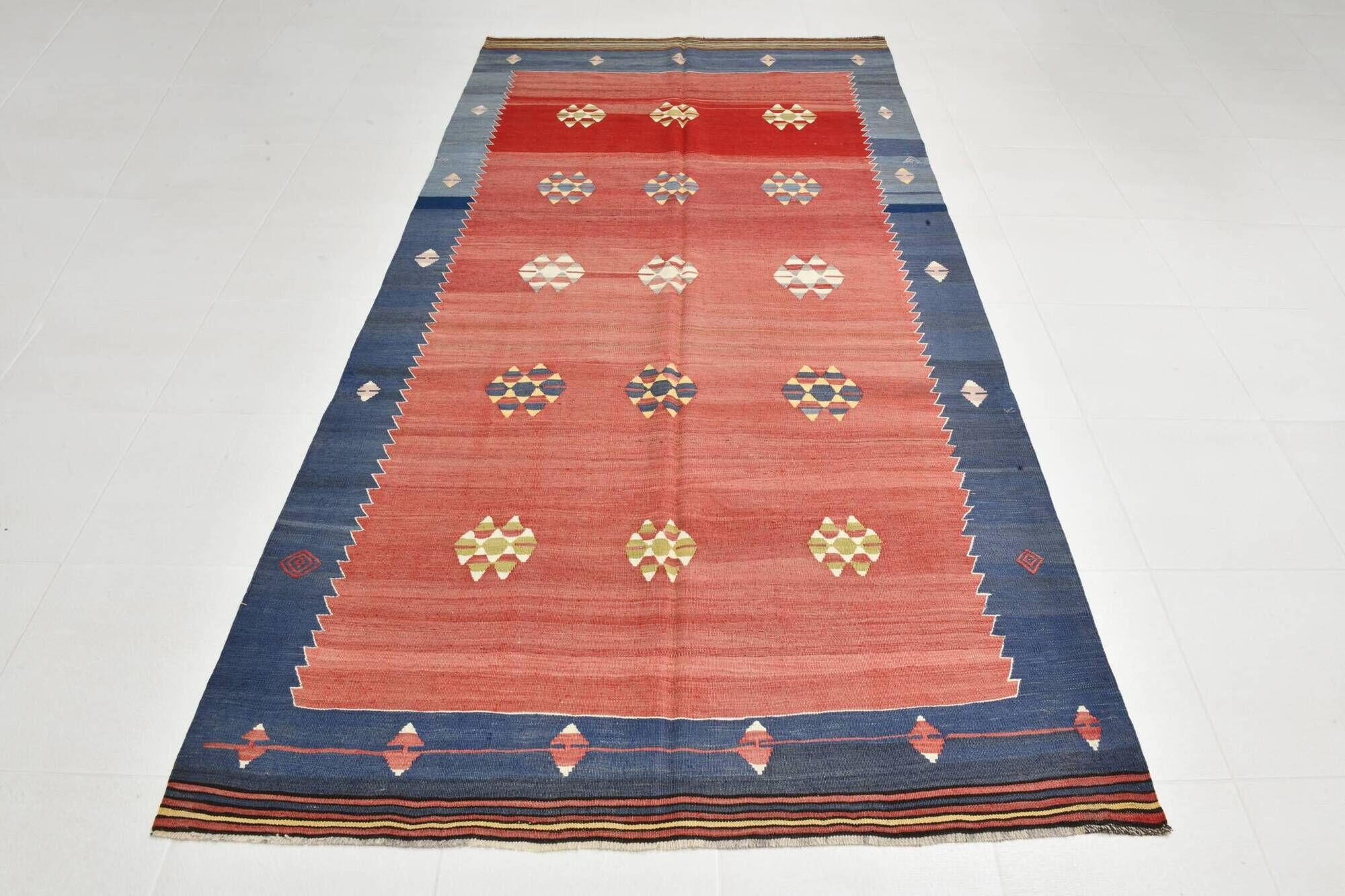 5x10 Blue and Red Vintage Kilim Rug, Handwoven Wool Area Rug, 149x291Cm